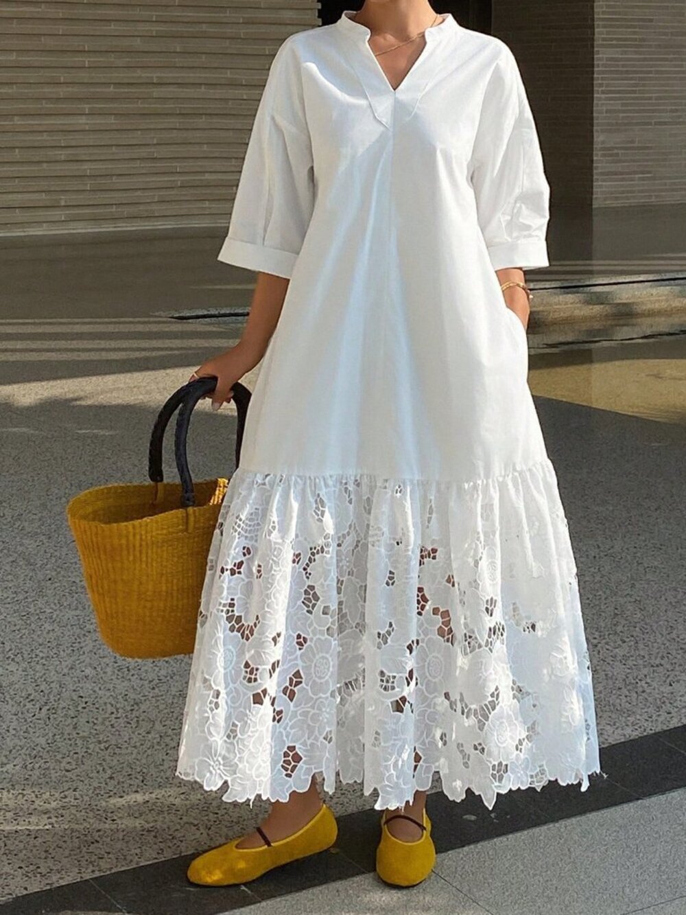 Beige Elegant Casual Women's Lace Patchwork Stand Collar Long Shirt Dress